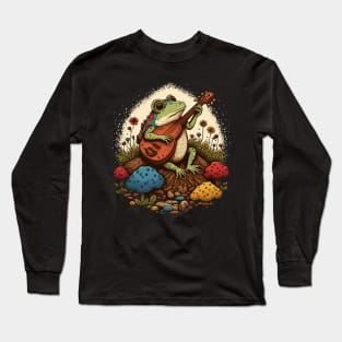 Cottagecore aesthetic cute frog playing ukelele on Mushroom Long Sleeve T-Shirt